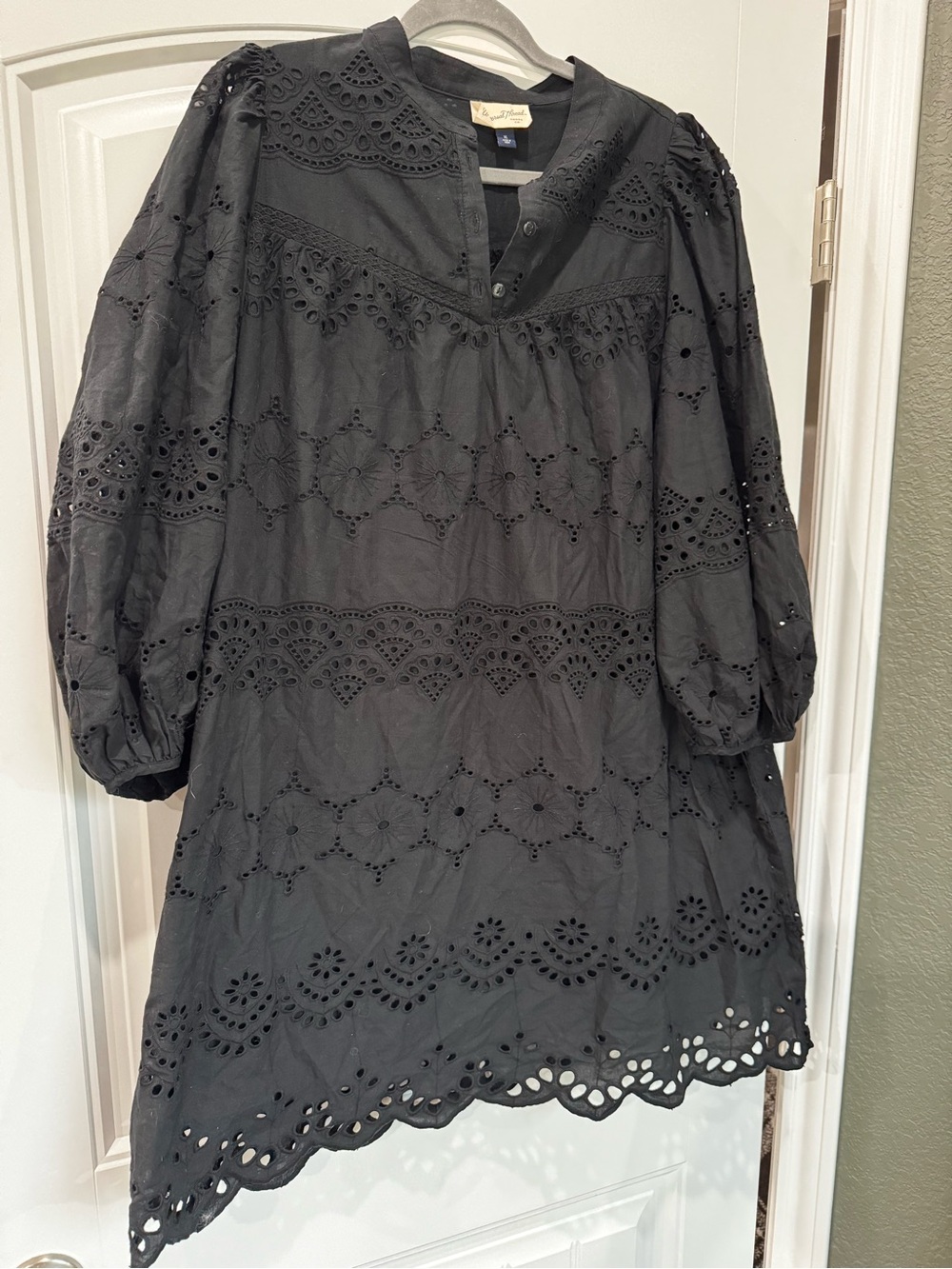 Universal Thread Black Eyelet Embroidered Mini Dress XL Boho Cotton Puff Sleeve